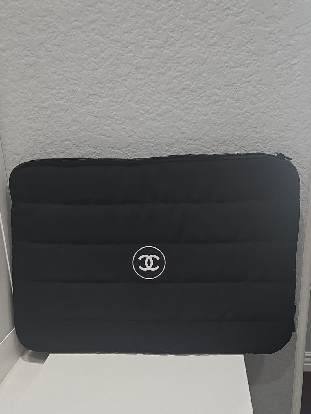 CHANEL Beaute Black Quilted Laptop Sleeve with White CC Emblem